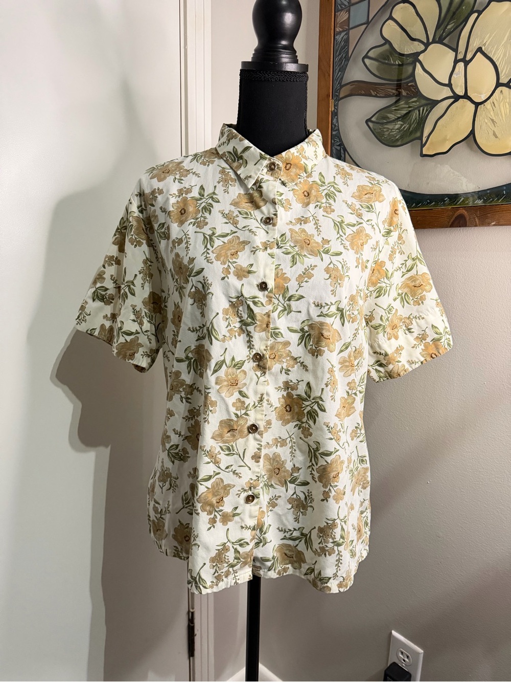 Bobbie Brooks Cream Short-Sleeve Button-Down with Mustard Floral